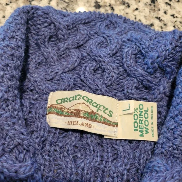 Aran Crafts Ireland Merino Wool Cable Knit Cardigan Sweater Womens Large Blue - Picture 4 of 10